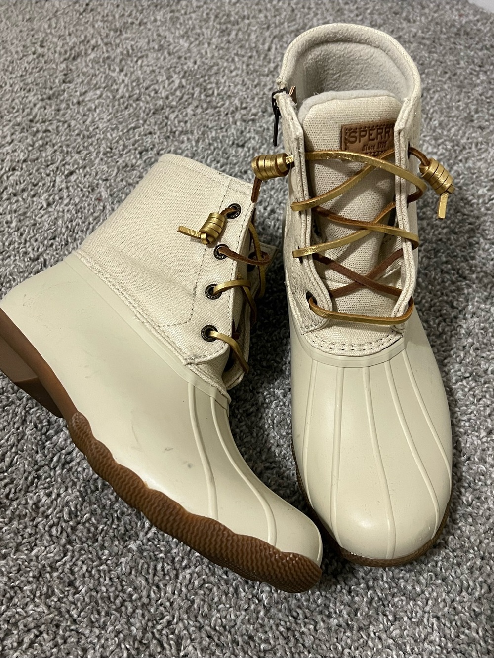 Sperry Cream Canvas & Tan Rubber Duck Boots